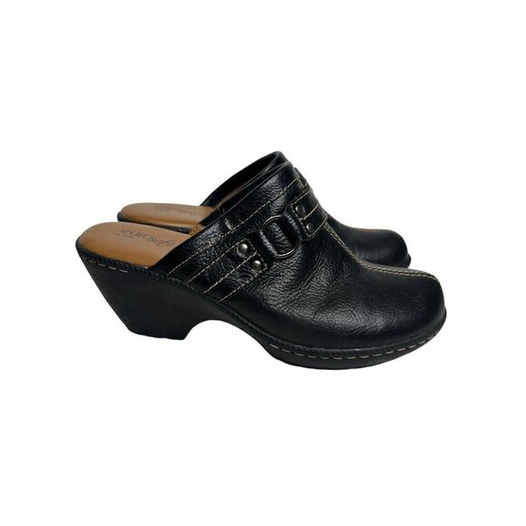 Eurosoft Black Upper Leather Slip-On Clogs Heeled Comfort Mules With Buckle - Picture 2 of 16